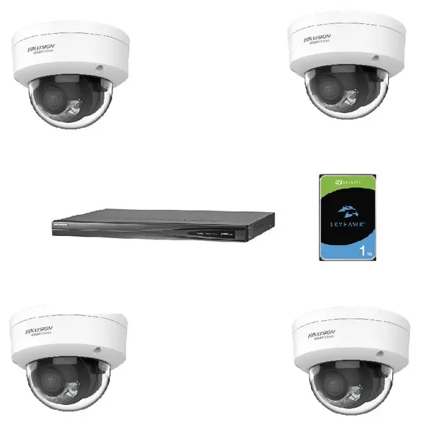 Kit 4 camere IP dome 4 megapixel, lumina 30m cu NVR 4 canale alimentare POE si HDD 1 TB