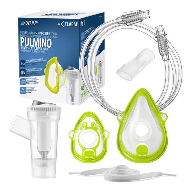 Kit accesorii universale Novama Pulmino, pentru aparate aerosoli cu compresor, pahar RF7 Dual Speed Child, masti Soft Touch pentru copii si adulti, piesa bucala, furtun