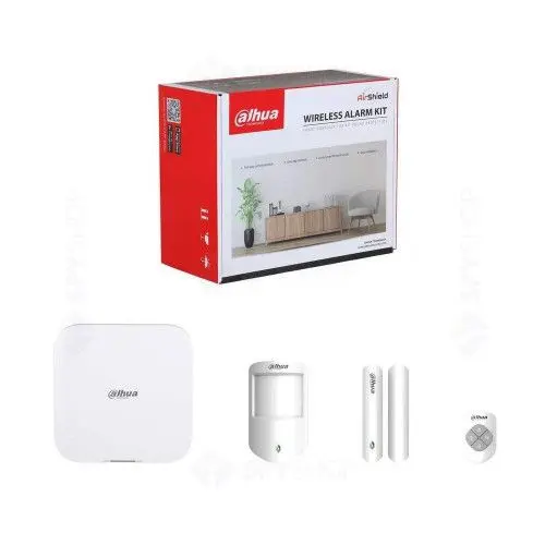 Kit alarma wireless Dahua Hub 2, Wi-Fi/LAN, 2 SIM GSM, detector PIR, senzor magnetic usa, telecomanda, frecventa 868 MHz, 150 zone, 8 canale - ART-ARC3800H-03-FW2(868)