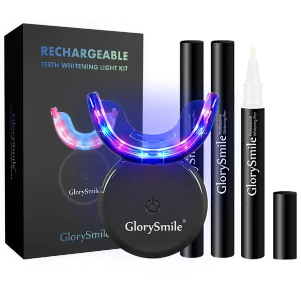 Kit Albire Dinți GlorySmile – 3x Gel fără Peroxid, Lumină LED Roșu+Albastru, Mulaje Incluse, USB & Reîncărcabil
