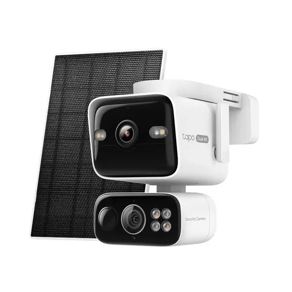 Kit camera supraveghere exterior wireless PT WiFi cu panou solar si lentila duala TP-Link Tapo C675D, 2 x 4K, 2.53 mm + 6 mm, IR/lumina alba 16 m, PIR, detectie AI, 10000mAh, alarma, microfon, difuzor, slot card, auto tracking