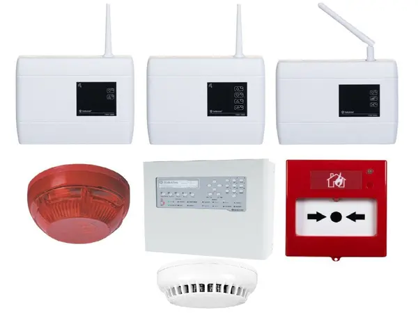 Kit centrala detectie incendiu adresabila cu modul de comunicare, detector fum, repetor, buton si sirena wireless, Teknim KIT-TFP2212-TXM0508-ACC