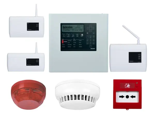 Kit centrala detectie incendiu adresabila cu modul de comunicare, detector fum, repetor, buton si sirena wireless, Teknim KIT-TFP2214-TXM0508-ACC