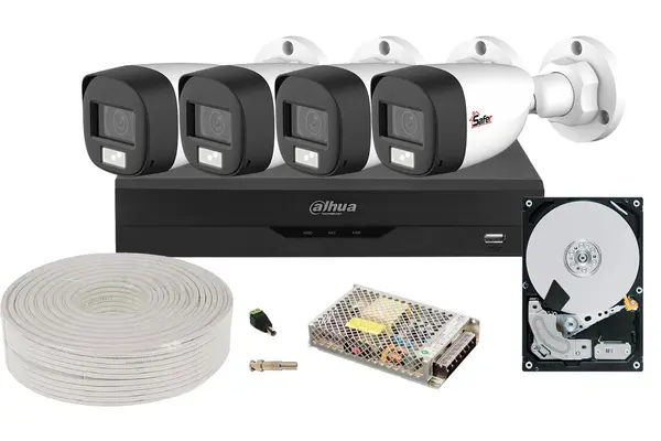 Kit complet de supraveghere exterior, 4 camere Full HD, Iluminare duala 20m, lentila 2.8mm, Dahua KIT4EXT20IRDAH
