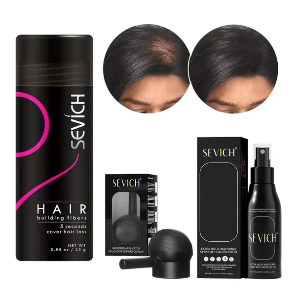 Kit complet fibre pentru păr rar, SEVICH, pudră, fixativ, aplicator, brunet, 25 g