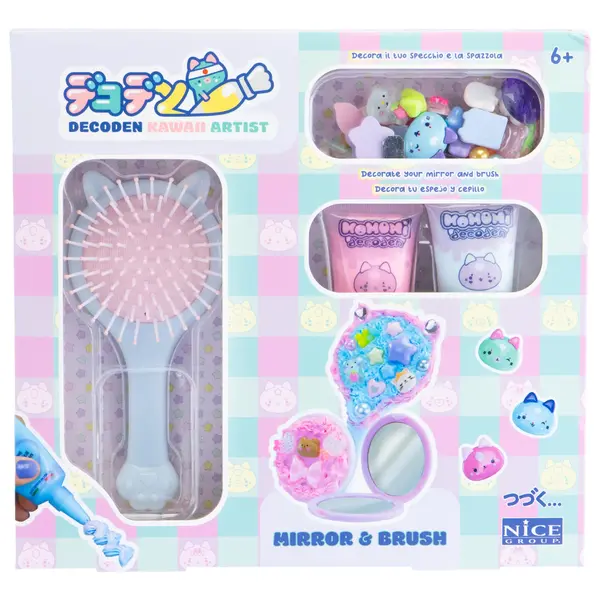Kit creativ Decoden - Oglinda si perie kawaii de decorat cu pasta colorata