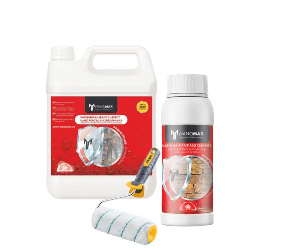 KIT CURATARE + impermeabilizare „Garduri & Soclu Casă” Protecție piatră WET LOOK 3L+ Detergent Bio 1L Curatare Piatra Soclu Casa + Trafalet, NanoMax