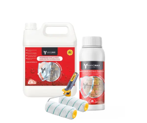 KIT CURATARE + impermeabilizare „Garduri & Soclu Casă” Protecție piatră WET LOOK 3L+ Detergent Bio 1L Curatare Piatra Soclu Casa + Trafalet, NanoMax