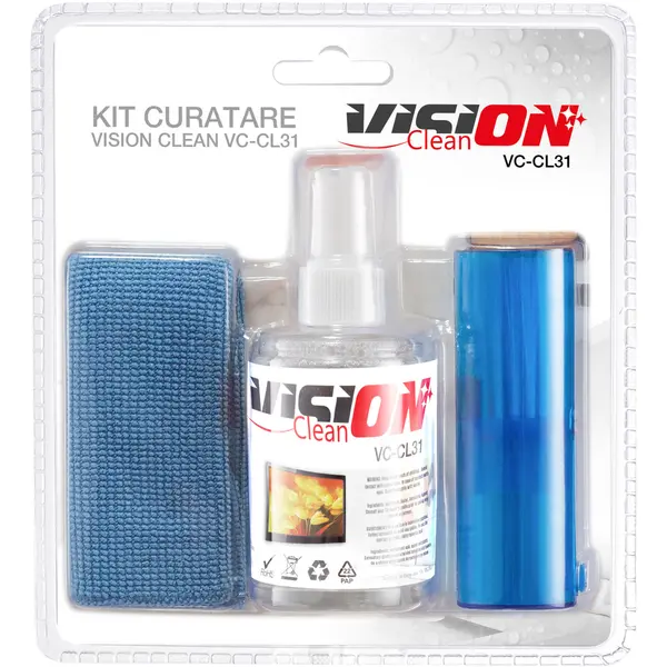 Kit curatare Vision Clean VC-CL31, 100 ml , laveta microfibra 200x200mm, periuta de curatare tastatura