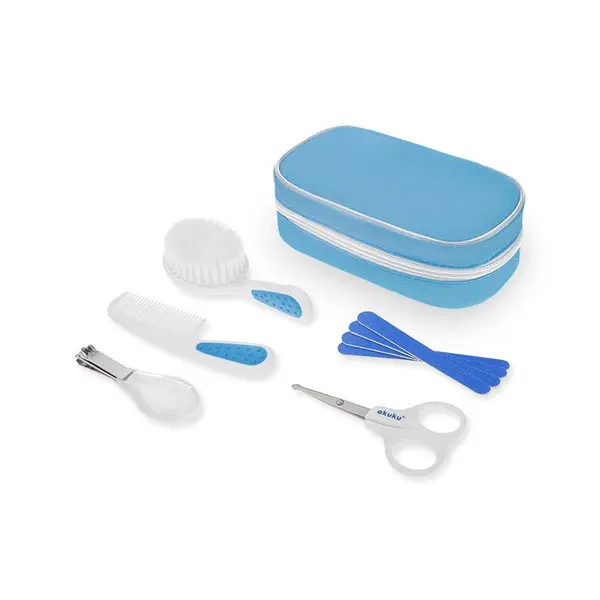 Kit de ingrijire pentru bebelusi Akuku Albastru in gentuta depozitare cu fermoar, include forfecuta, unghiera, pila de unghii,pieptene,perie de par