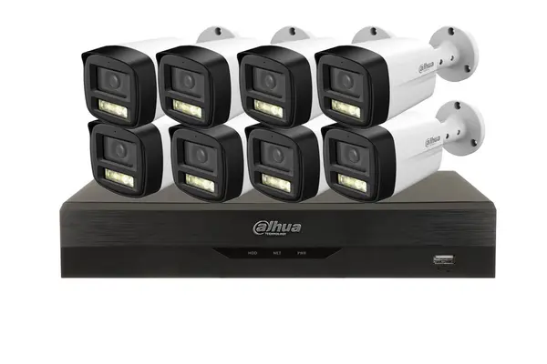 Kit de supraveghere 8 camere exterior 5MP, IR si LED alb, Microfon si DVR 8 canale, Dahua KIT8C2MPEXT-I3