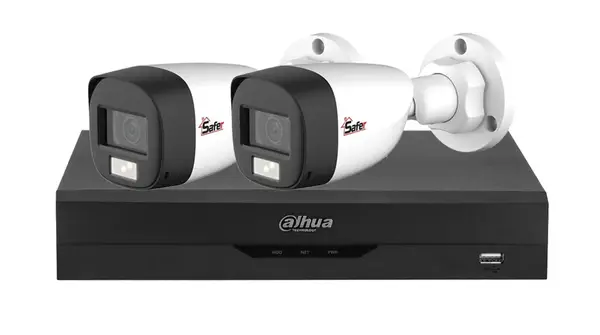 Kit de supraveghere pentru exterior, 2 camere de 2MP Full HD, IR si LED, Tehnologie HDCVI, DVR 4 canale, Functii AI, Dahua KITSAF2X-2MP2028U