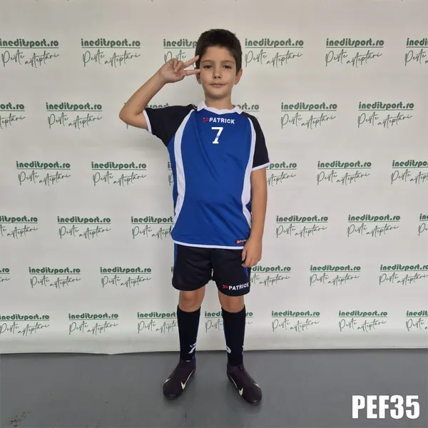 Kit echipament fotbal copii Patrick EF35 3XS, ALBASTRU BLEUMARIN ALB