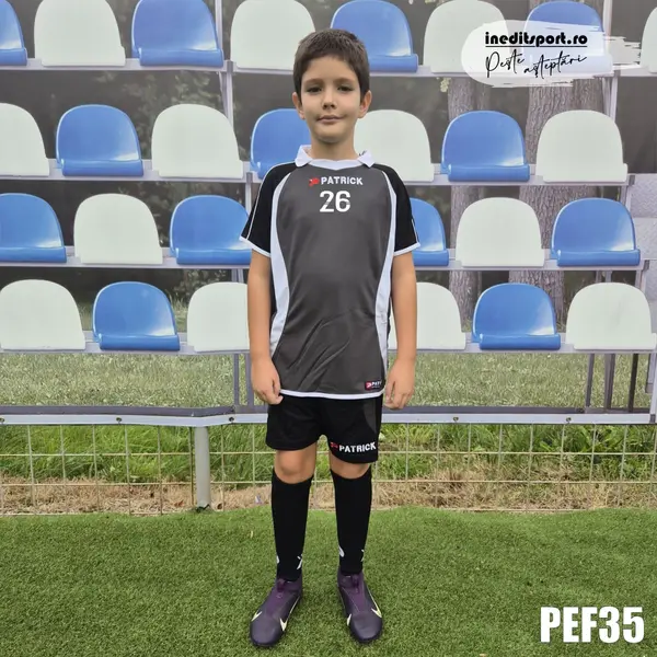 Kit echipament fotbal copii Patrick EF35 3XS, NEGRU CU GRI