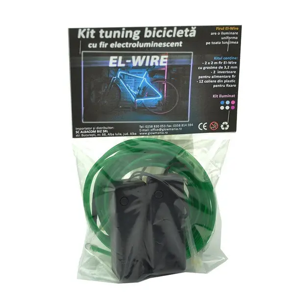 Kit fir luminos el wire pentru tuning roti bicicleta, lungime 4 m, invertoare incluse culoare verde