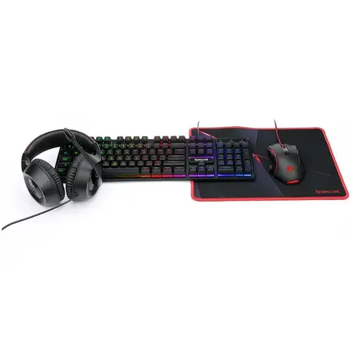 Kit gaming cu fir Redragon S137 Essentials 4 in 1 mouse, tastatura, casti, mousepad, iluminare RGB, Negru