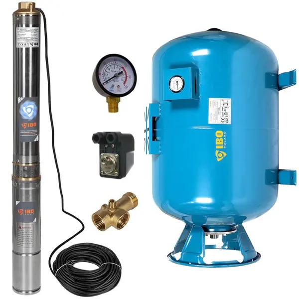 Kit hidrofor 100L vertical/orizontal cu pompa submersibila IBO Dambat 4SDM2/12, 0.75kW, debit 80l/min, refulare 85m, racord 1.5", rezistenta la nisip
