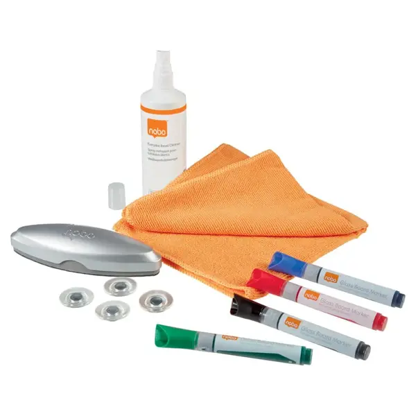 Kit pentru tabla NOBO din sticla, 4 markere, burete magnetic, laveta microfibra, spray curatare 250 ml, 4 magneti Kit pentru tabla NOBO din sticla, 4 markere, burete magnetic, laveta microfibra, spray curatare 250 ml, 4 magneti