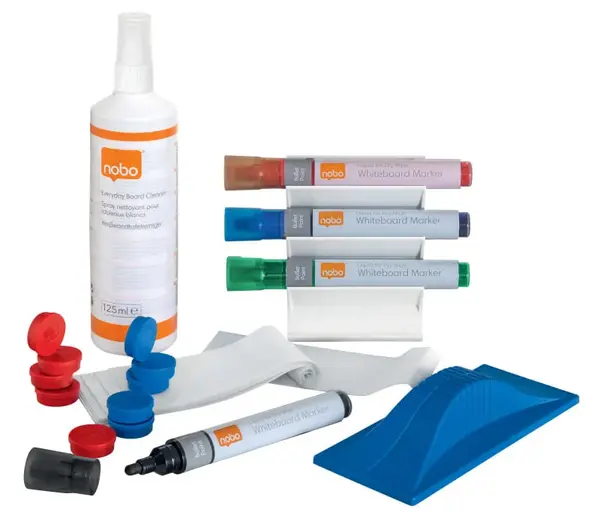 Kit pentru tabla NOBO emailata, suport magnetic cu 4 markere, burete magnetic + 5 rezerve, spray curatare 125 ml, cu laveta, 10 magneti Kit pentru tabla NOBO emailata, suport magnetic cu 4 markere, burete magnetic + 5 rezerve, spray curatare 125 ml, cu l