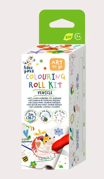 Kit rola de desenat Uneste punctele - 2 m, include 4 creioane colorate cerate, Vehicule - Haku Yoka