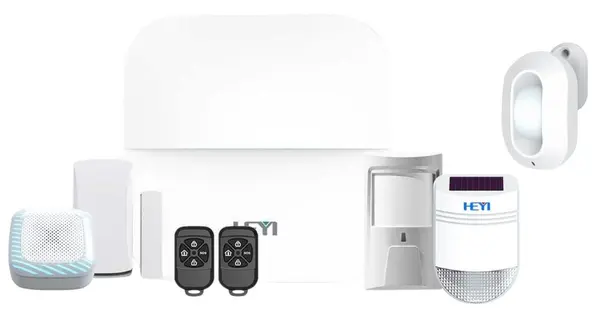Kit sistem alarma wireless antiefractie Heyi, GSM, Wi-Fi, 2 zone, 2 detectori miscare, 10 senzori miscare, sirena exterior si exterior, KIT-HEYI-W20X10