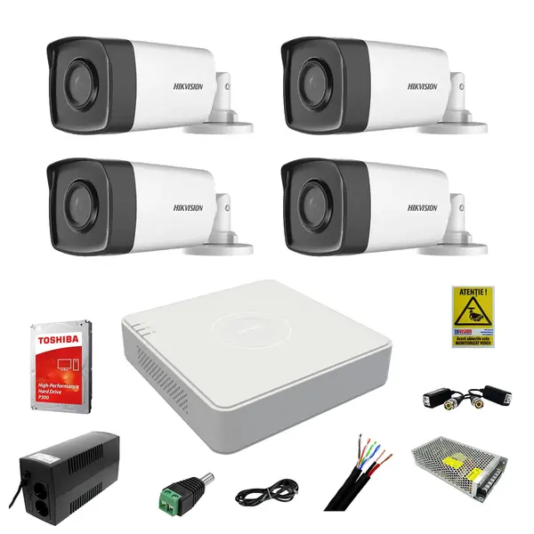 Kit sistem complet 4 camere supraveghere exterior HIKVISION FULL HD 80 m IR hard 1Tb