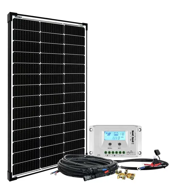 Kit solar off-grid 100W, 12V, regulator Juta CM3024Z, panou monocristalin 22.3%, productie 400Wh zi, ideal pentru iluminat, cabane si mici consumatori