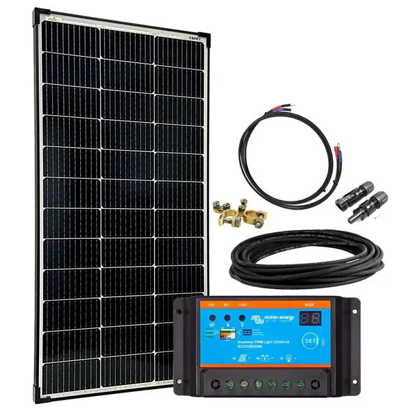 Kit solar off-grid 130W, 12V, regulator Steca Solsum 10.10F, panou monocristalin, productie 520Wh zi, conectori MC4, ideal pentru cabane, gradini si