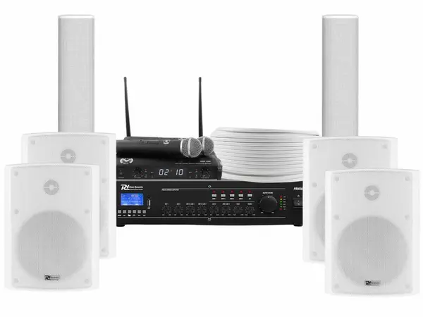 Kit sonorizare biserica cu amplificator 360W, 4 boxe perete 35W, 2 difuzoare coloana 60W si microfoane wireless UHF, KITBIS6040W