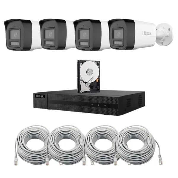 Kit supraveghere 4 camere IP Hikvision Hilook,4MP, iluminare duala 30m, 2.8mm, microfon, difuzor, slot microSD, PoE, NVR 4 canale, 6MP, Patchcord cablu UTP CAT5 , Hard disk 500GB
