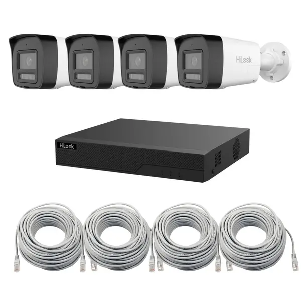 Kit supraveghere 4 camere IP Hikvision HiLook 6MP, Iluminare duala 30m, Microfon si difuzor, PoE, IP67, NVR, cabluri