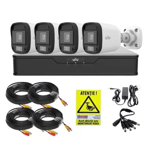 Kit supraveghere 4 mini camere Uniview, 5MP, ColorHunter, Lumina Alba 20m, Vedere color pe timp de noapte, DVR 4 canale, Accesorii montaj, Vizualizare de pe telefon