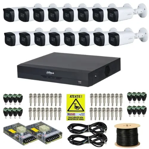 Kit supraveghere complet Dahua 16 camere 5MP IR 80m Starlight Lentila 3.6mm, DVR 16 canale 4K 8MP WizSense, accesorii + Autocolant Rovision