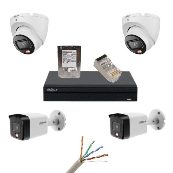Kit supraveghere Dahua, 4 camere 8MP, IR 30m, lumina alba 30m, lentila 2.8mm, microfon, NVR Dahua 4 canale, Cablu utp CAT5E, Mufa retea UTP RJ45, Hard Disk 1TB