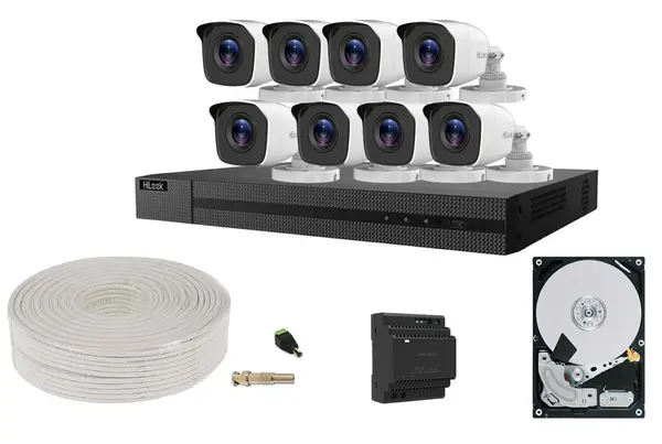 Kit supraveghere HDTVI Hikvision HiLook, 4 camere exterior, 2MP, DVR 4 canale, HDD si accesorii, KITDVR4CAMHDD-ACC