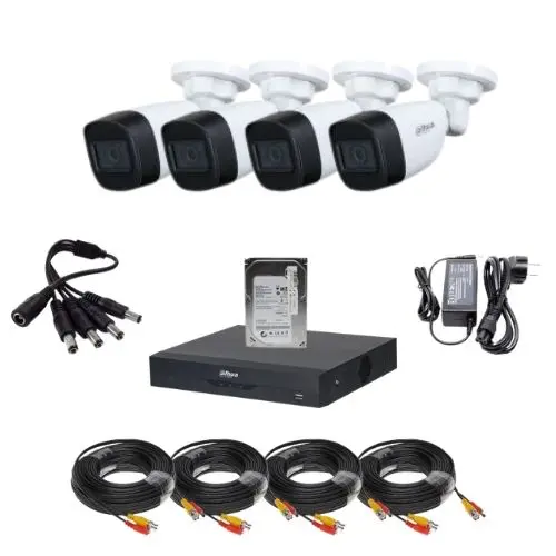 Kit supraveghere IP Dahua, 4x camere Bullet, 2MP, lentila 2.8mm, IR 30m, microfon, 4x cabluri, DVR 4 canale, max 6 canale IP pana la 6MP, sursa alimentare, Splitter distribuitor alimentare 4 camere, hard disk 500GB