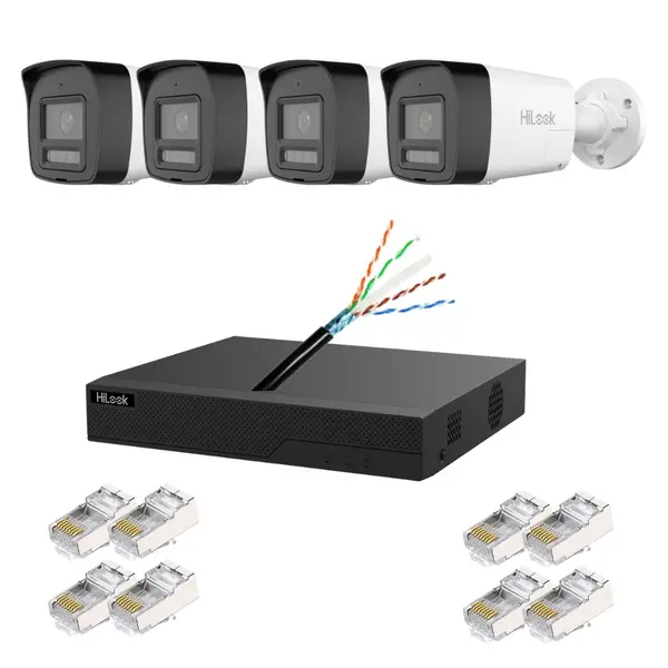 Kit supraveghere IP Hikvision HiLook 4 camere 6MP, 2.8mm, PoE, Iluminare duala 30m, Alarma, Microfon si difuzor, NVR PoE 4 canale, 4 porturi, Cablu CAT6 FTP, Mufa RJ45 CAT6