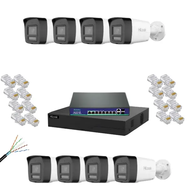 Kit supraveghere IP Hikvision Hilook, 8 camere 6MP, 2.8mm, Iluminare duala 30m, Microfon si difuzor, PoE, NVR 8 canale 4K, Switch PoE BestNPS AI Watchdog, Cablu CAT6 FTP, Mufe RJ45 CAT6