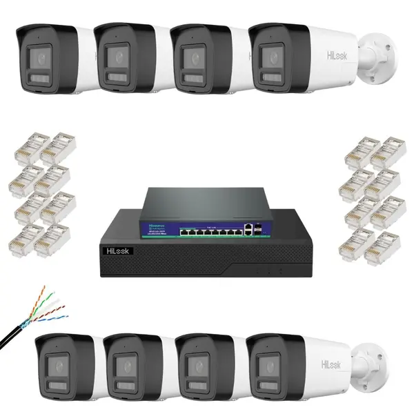 Kit supraveghere IP Hikvision Hilook, 8x Camera 4MP lentila 2.8mm, iluminare duala 30m, 2.8mm, microfon, difuzor, slot microSD, PoE, IP67, NVR 8 canale 4K 8MP, Switch PoE AI Watchdog, Cablu CAT6 FTP, 16 Mufe RJ45 CAT6
