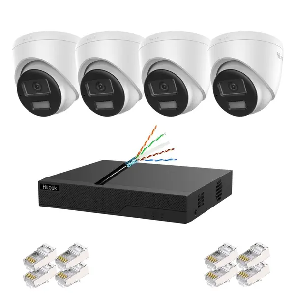 Kit supraveghere IP Hilook, 4 camere 4K 8MP, lentila 2.8mm, PoE, Iluminare duala 30m, microfon si difuzor, NVR PoE 4 canale, 4 porturi, Cablu CAT6 FTP, Mufa RJ45 CAT6