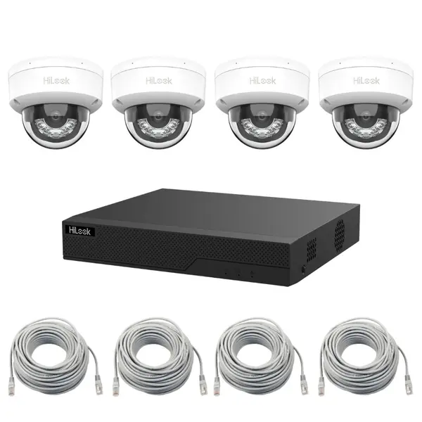 Kit supraveghere IP Hilook, 4 camere 6MP, Iluminare duala 30m, Microfon, PoE, NVR 4 canale, 4 porturi, Patchcord cablu UTP CAT5