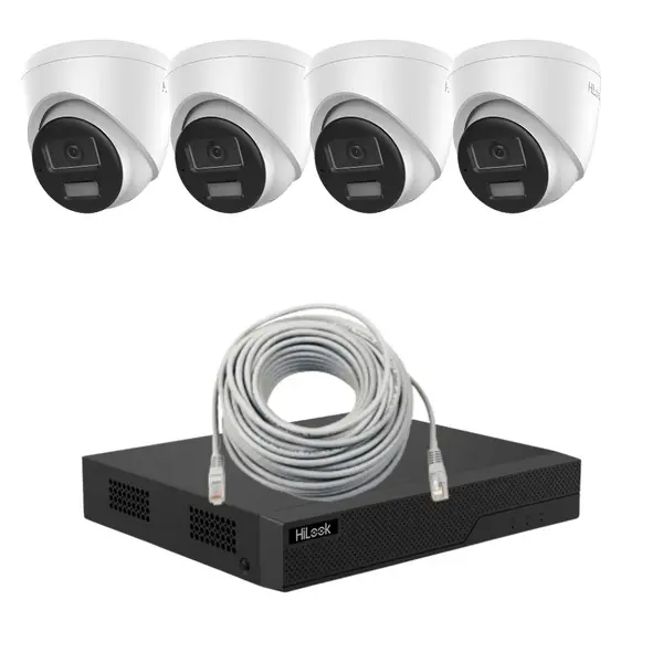 Kit supraveghere IP Hilook, lentila 2.8mm, PoE, Iluminare duala 30m, Microfon si difuzor, NVR POE 4 canale, 4 porturi, Patchcord cablu UTP CAT5