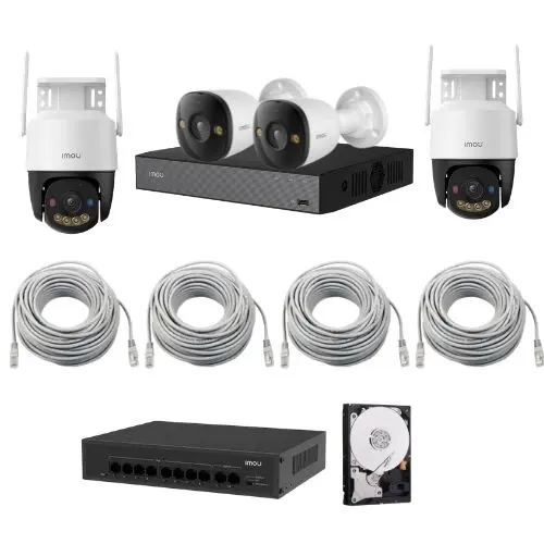Kit supraveghere IP IMOU 4K, 2x camere fixe, Detectie AI, audio bidirectional, Alarma, Iluminare duala, 2x camere rotative Wi-Fi, IR30m, audio, auto tracking, alarma, accesorii incluse, swich POE