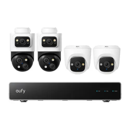 Kit supraveghere video eufy NVR S4, AI, Dual View, Night Vision Color, cu 2 camere PoE Bullet si 2 camere PoE Turret (Alb/Negru)