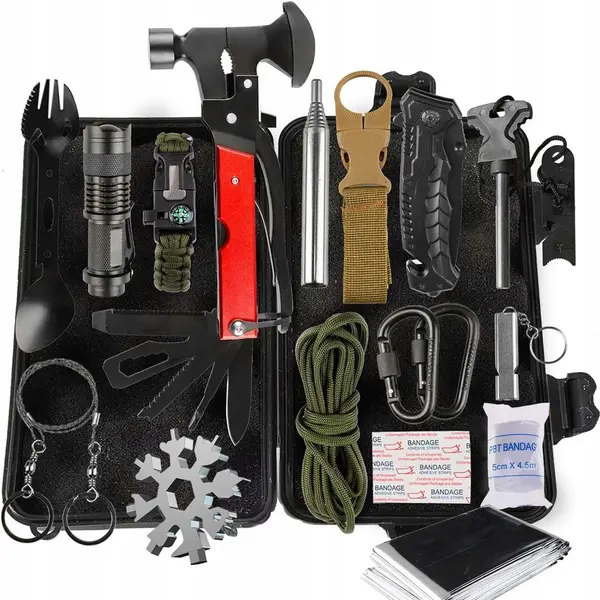 Kit Supravietuire Militar Complet 17 in 1 NewEvo, 51 de Utilizari Diferite, Multitool, Lanterna, Cutit, Busola, Accesorii Camping Outdoor, Negru