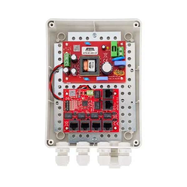 Kit switch PoE pentru 5 camere IP ATTE Power IP-5-11-M2, 6 porturi, 96 W, cutie exterior ABOX-M2, long range, sigurante electronice, sursa alimentare