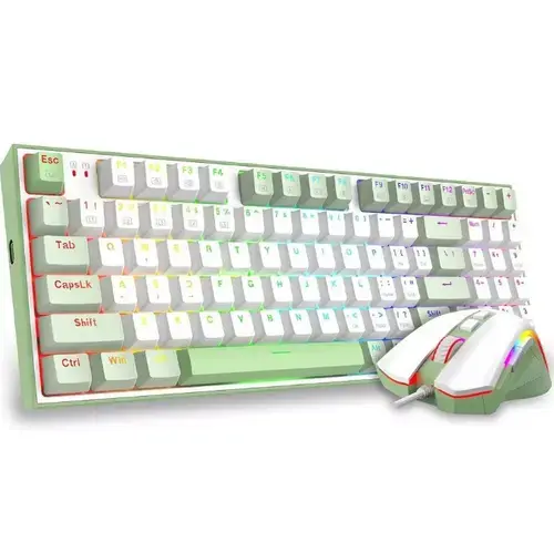 Kit tastatura mecanica si mouse Redragon Ultimate Gaming Rig, Cu fir, iluminare RGB (Verde/Alb)