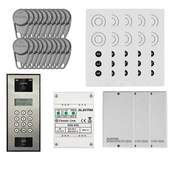 Kit videointerfon Electra Classic Line KIT-EL-VDI-1, 800 TVL, 255 posturi, RFID, tastatura, afisaj electronic, aparent