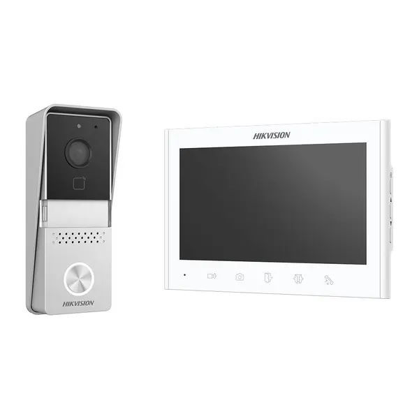 Kit videointerfon pe 2 fire Hikvision DS-KIS102-P/S, 1 familie, 7 inch, plug and play, aparent