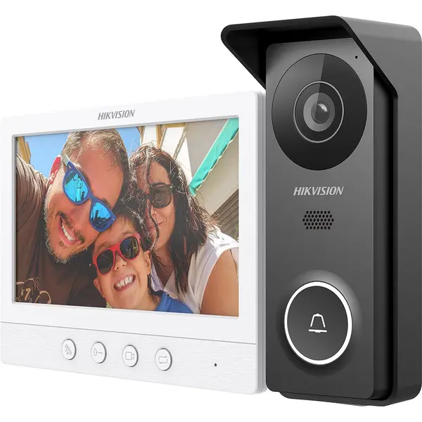 Kit videointerfon pe 4 fire Hikvision DS-KIS213(B), 1 familie, aparent, ecran 7 inch, IR 3 m, microfon si difuzor, plug and play